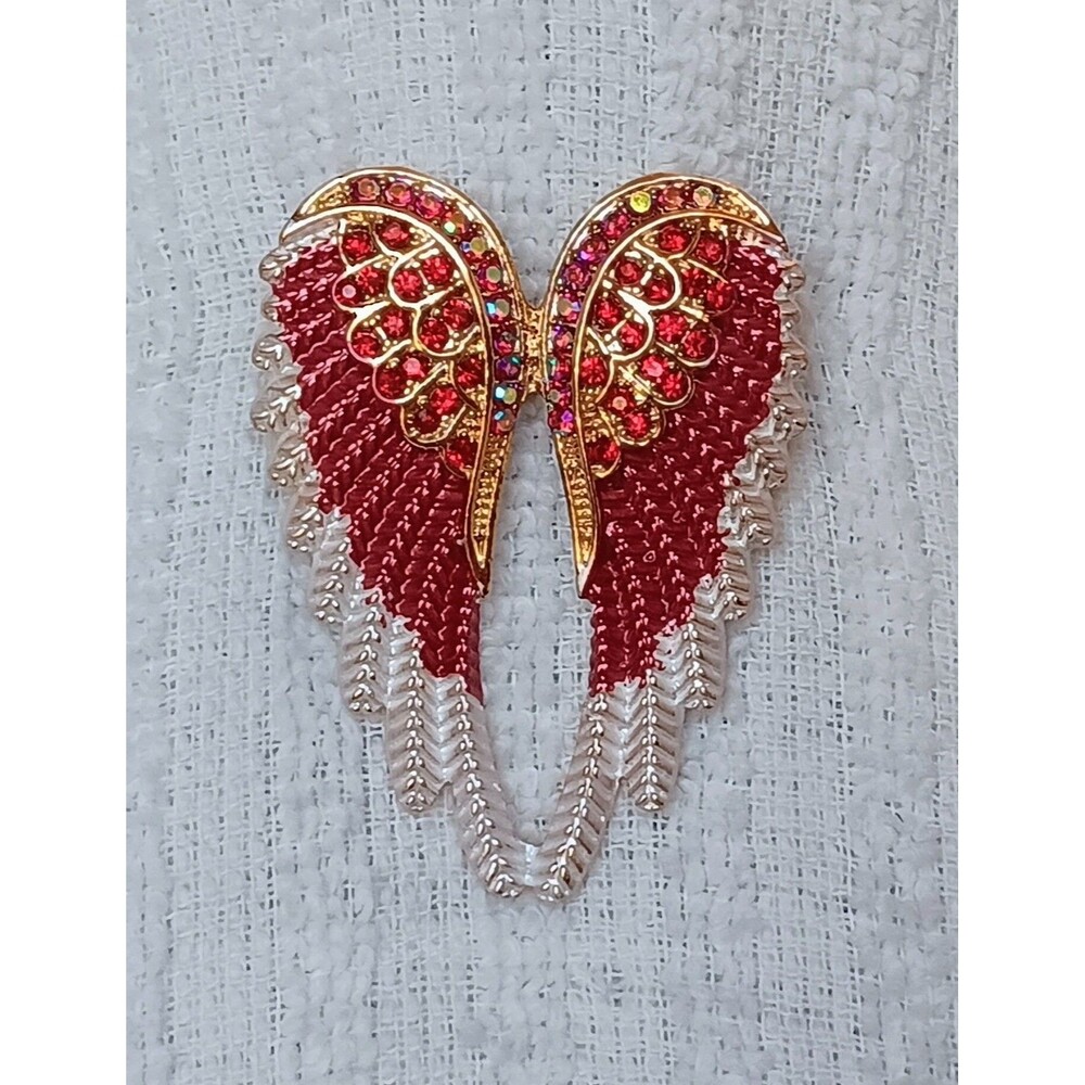 Goldtone Red & Aurora Borealis Crystal w Enamel Angel Wing Brooch 2 in